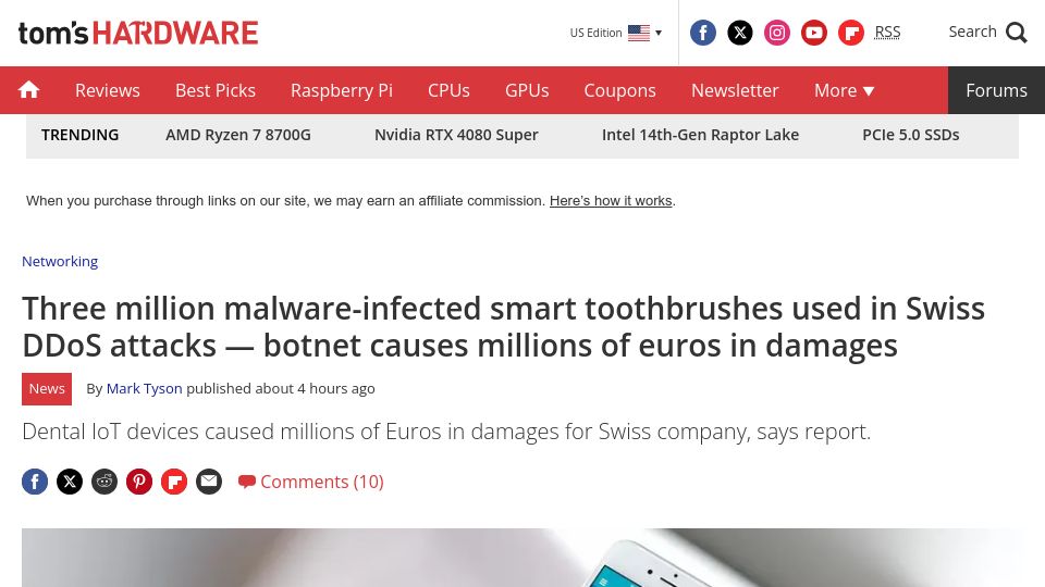 Screenshot of tomshardware.com: Three million malware-infected smart toothbrushes used in Swiss DDoS attacks