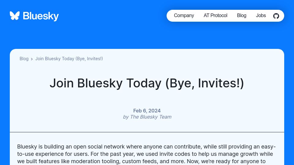 Screenshot of bsky.social: Bluesky signups are now open to the public