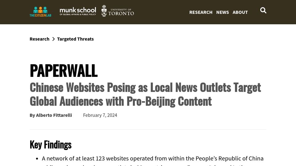 Screenshot of citizenlab.ca: Paperwall: Chinese websites posing as local news outlets target global audiences