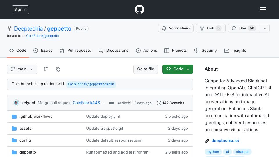 Screenshot of github.com: Show HN: Geppetto, an open source AI companion for your Slack teams