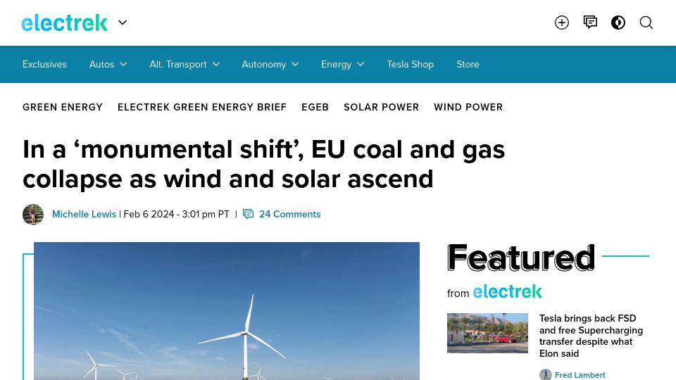 Screenshot of electrek.co: EU coal and gas collapse as wind and solar ascend