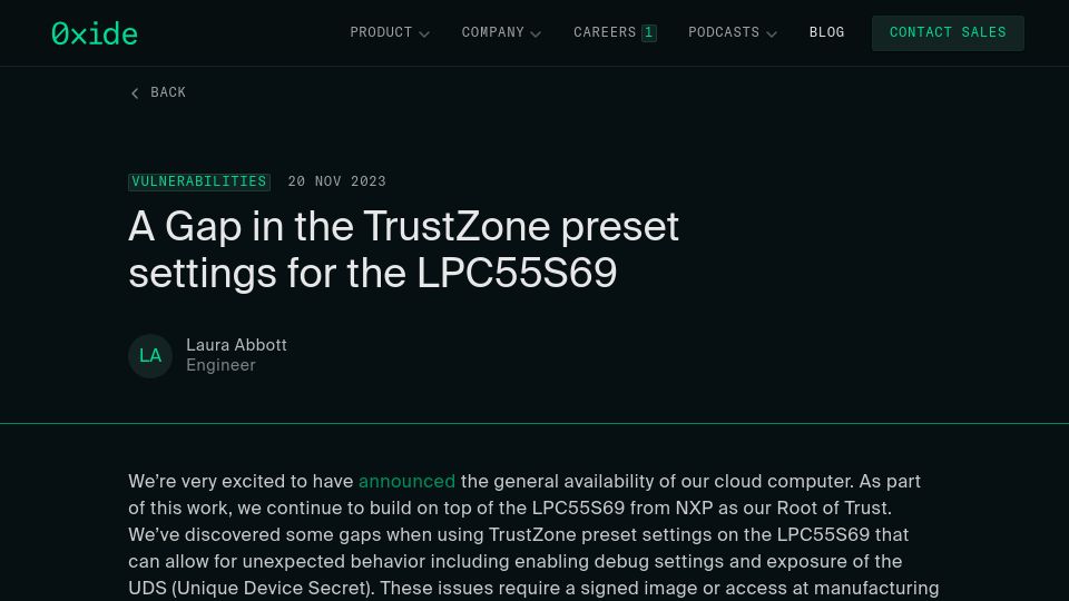 Screenshot of oxide.computer: A Gap in the TrustZone preset settings for the LPC55S69
