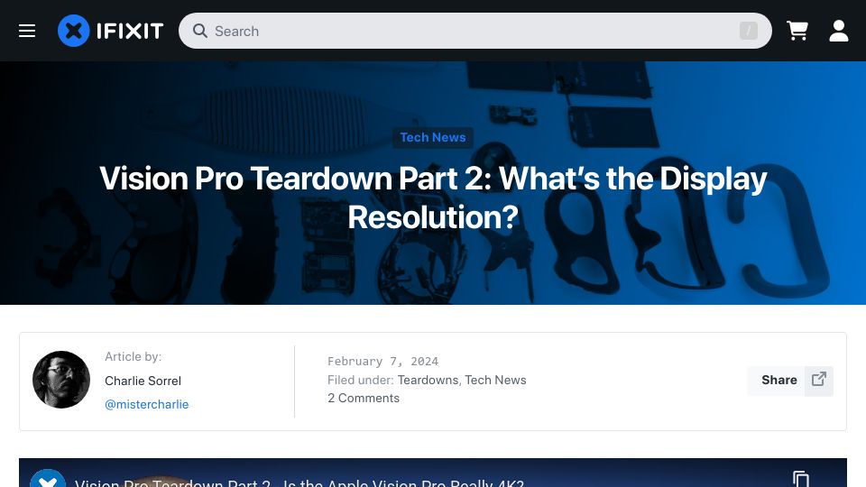 Screenshot of ifixit.com: Vision Pro teardown part 2: What’s the display resolution?