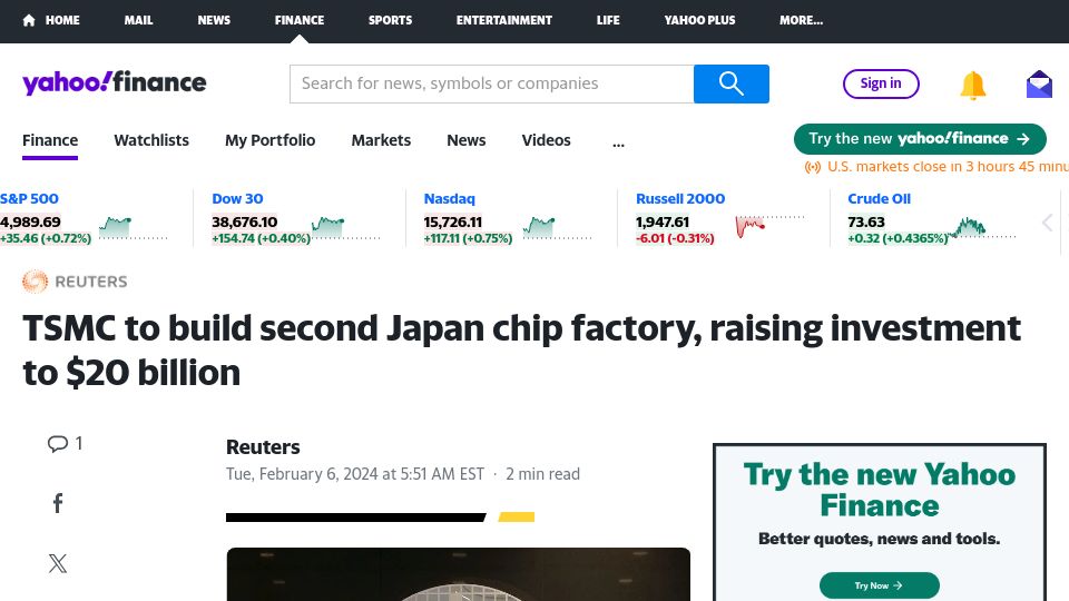 Screenshot of finance.yahoo.com: TSMC to build second Japan chip factory