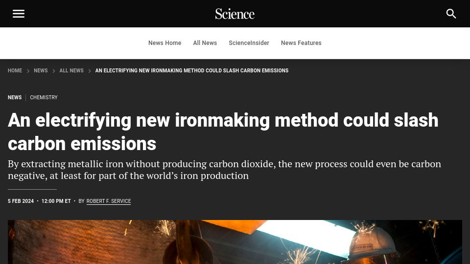 Screenshot of science.org: Making steel without emitting CO2