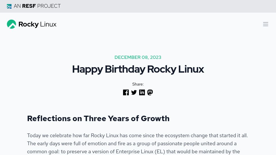 Screenshot of rockylinux.org: Rocky Linux, Reflections on Three Years of Growth