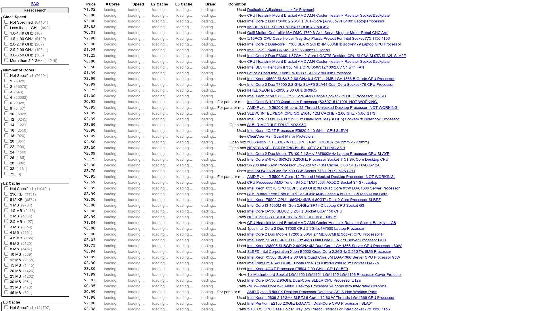 Screenshot of cpuscout.com: Show HN: CPU Prices on eBay