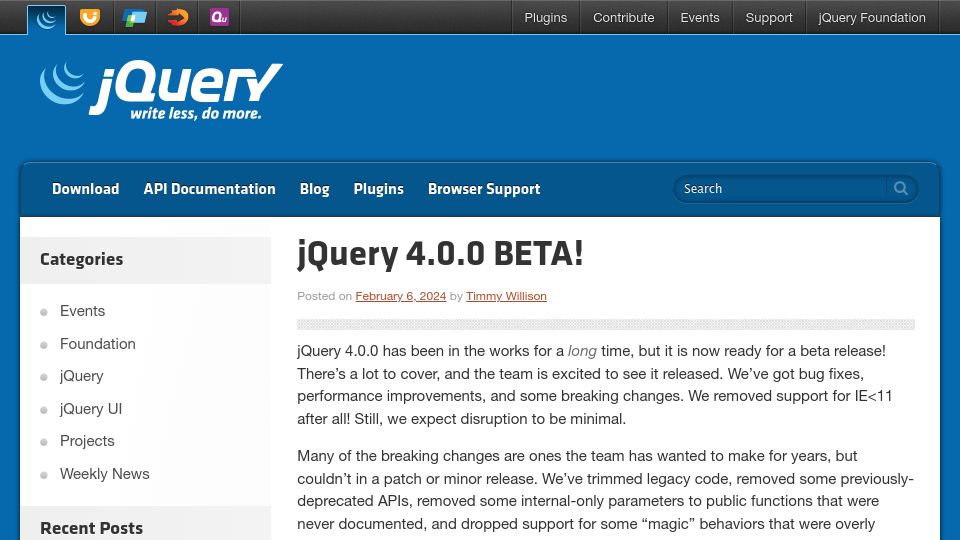 Screenshot of blog.jquery.com: jQuery v4.0 Beta