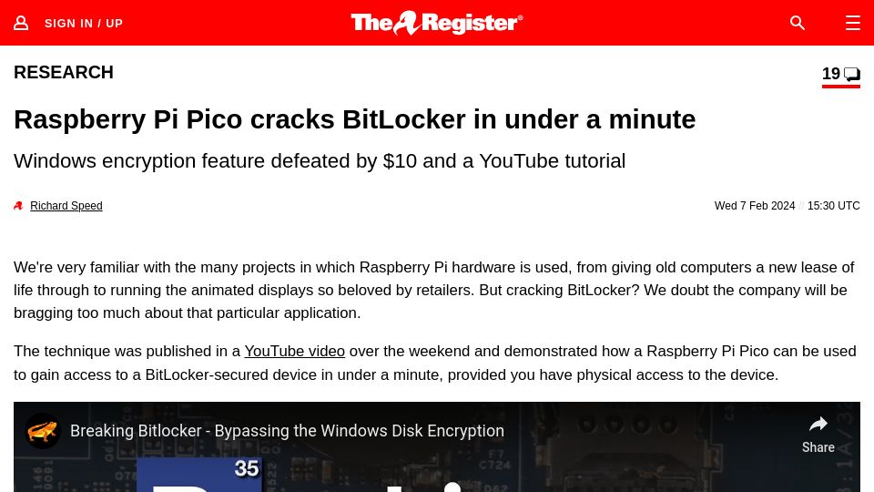 Screenshot of theregister.com: Raspberry Pi Pico cracks BitLocker in under a minute