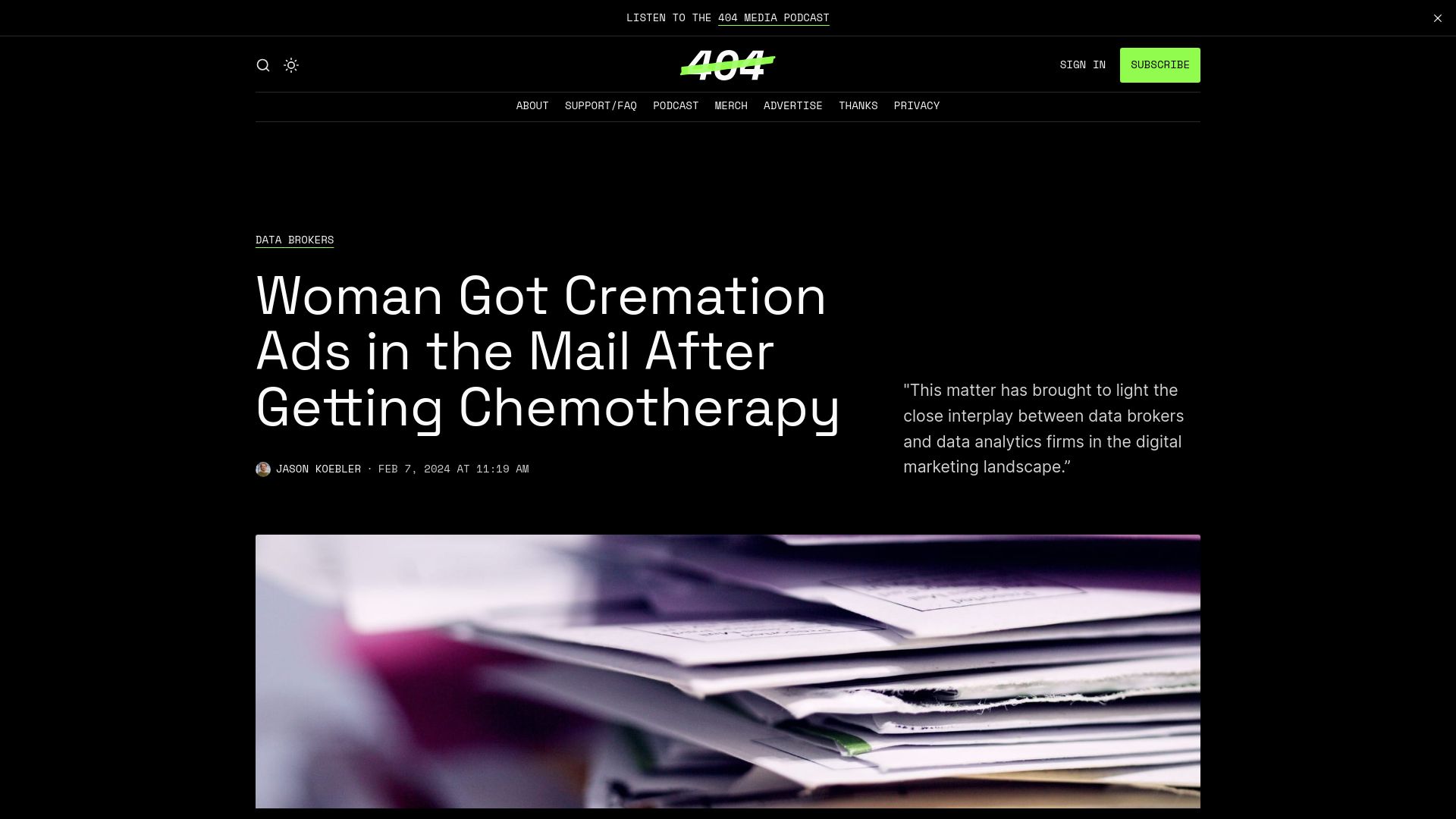 Screenshot of 404media.co: Woman Got Cremation Ads in the Mail After Getting Chemotherapy