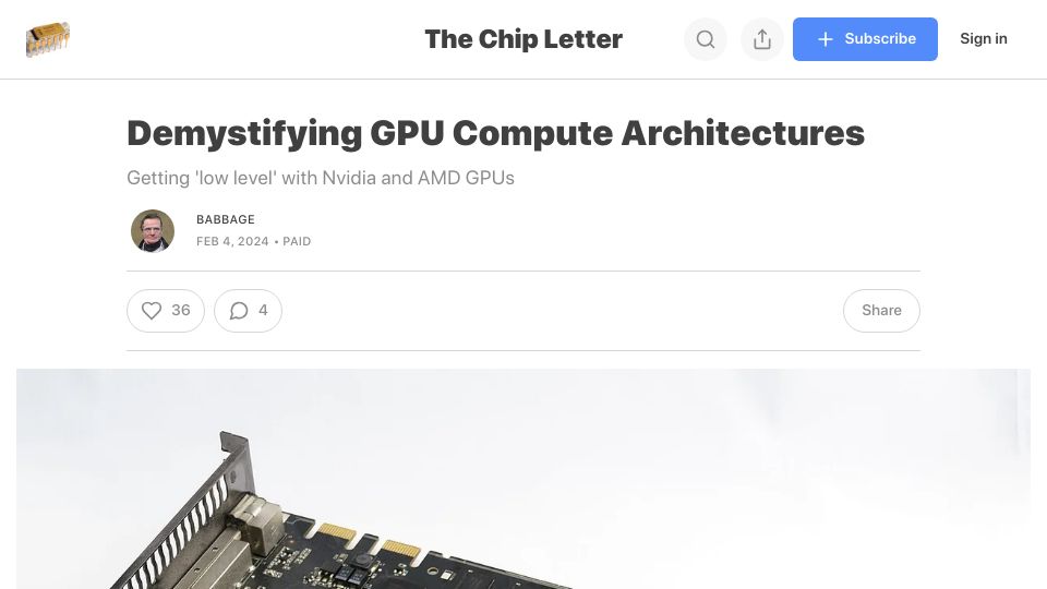 Screenshot of thechipletter.substack.com: Demystifying GPU compute architectures