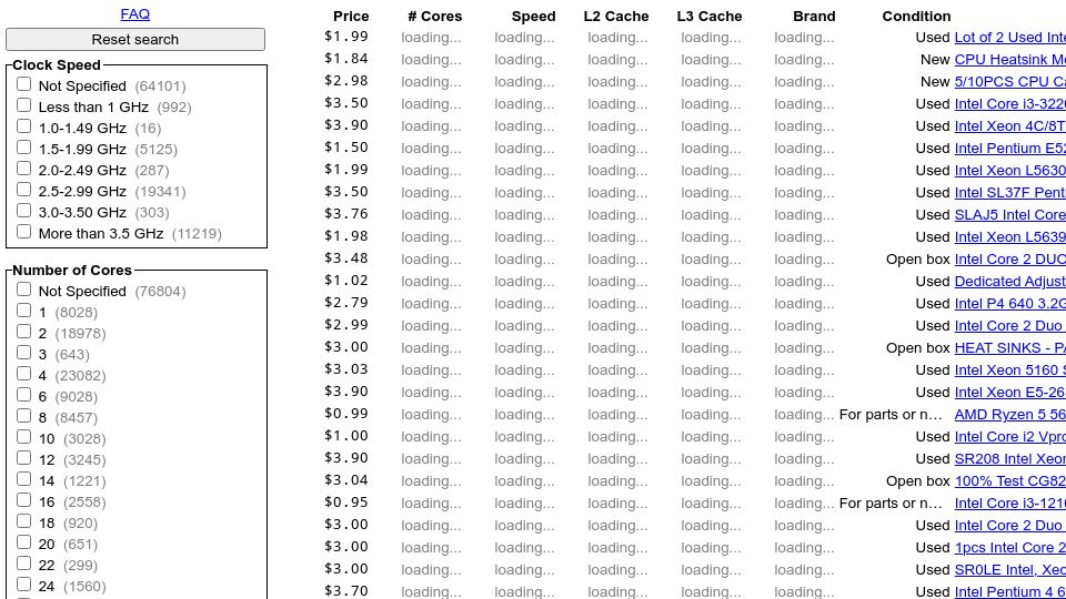 Screenshot of cpuscout.com: Show HN: CPU Prices on eBay
