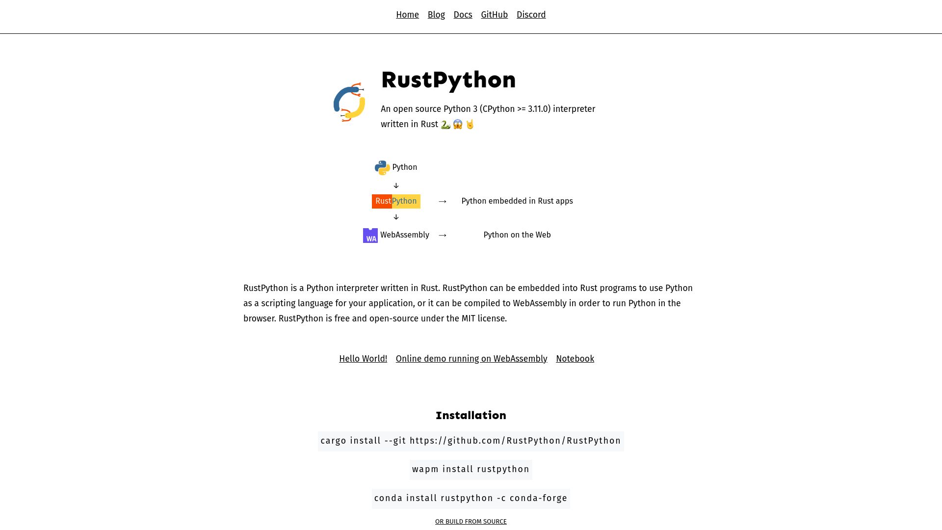 Screenshot of rustpython.github.io: RustPython