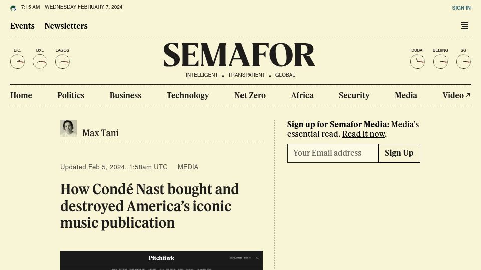 Screenshot of semafor.com: How Condé Nast bought and destroyed Pitchfork