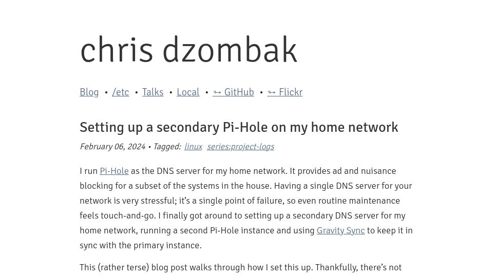Screenshot of dzombak.com: Setting up a secondary Pi-Hole on my home network