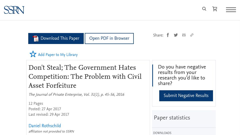 Screenshot of papers.ssrn.com: The Problem with Civil Asset Forfeiture (2016)