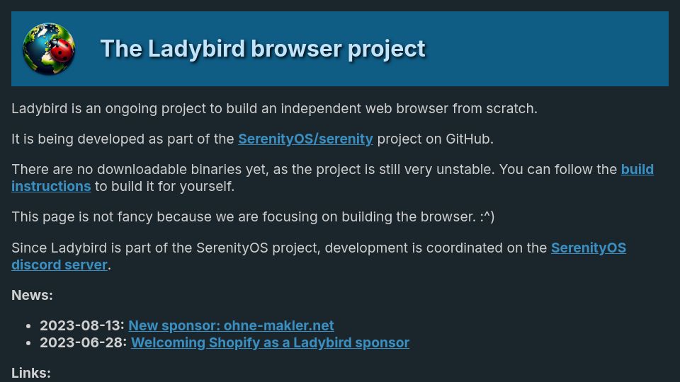 Screenshot of ladybird.dev: The Ladybird browser project