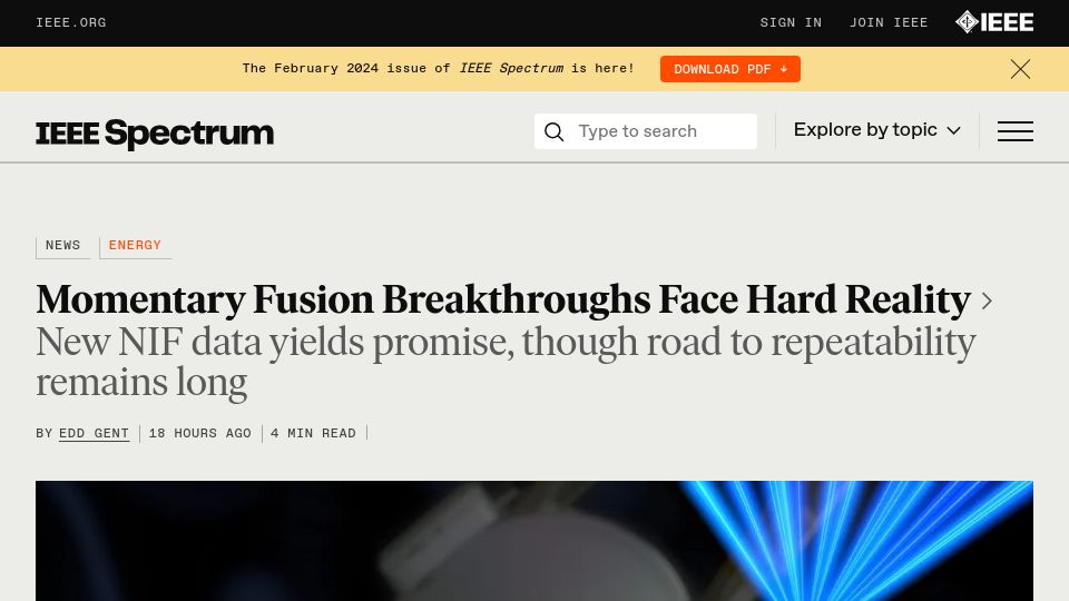 Screenshot of spectrum.ieee.org: Momentary fusion breakthroughs face hard reality