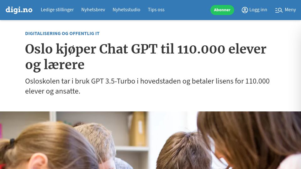 Screenshot of digi.no: Oslo acquires ChatGPT for 110k students and teachers