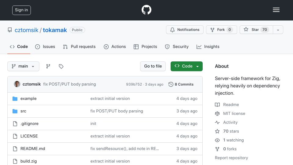 Screenshot of github.com: Show HN: Tokamak – Server-side framework for Zig