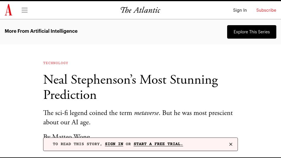 Screenshot of theatlantic.com: Neal Stephenson was prescient about our AI age