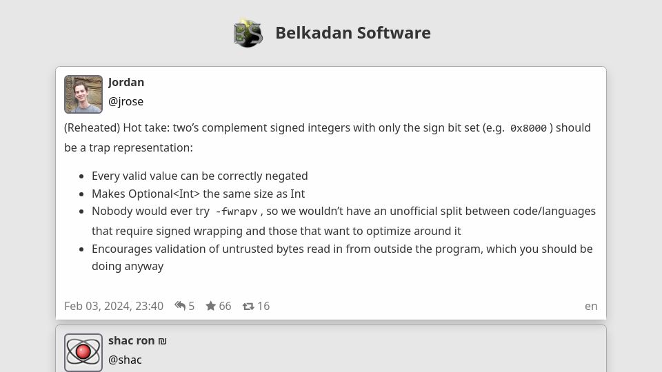 Screenshot of social.belkadan.com: Two's complement integers with only sign bit set should be a trap representation