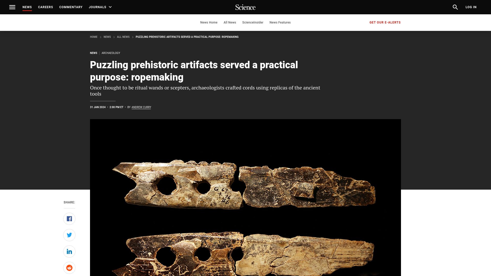 Screenshot of science.org: Puzzling prehistoric artifacts served a practical purpose: ropemaking