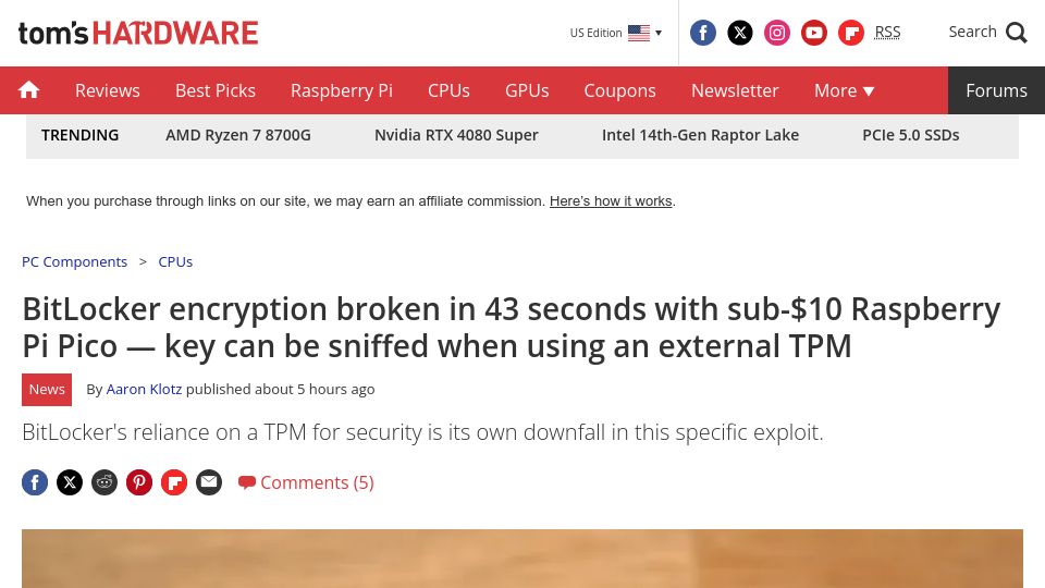 Screenshot of tomshardware.com: BitLocker encryption broken in 43 seconds with sub-$10 Raspberry Pi Pico