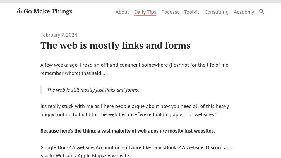 Screenshot of gomakethings.com: The web is mostly links and forms