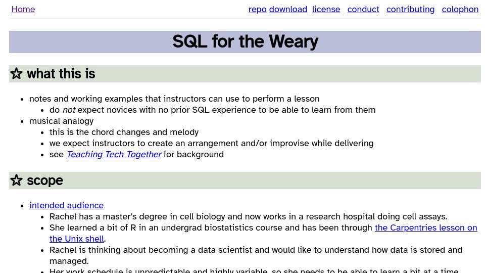 Screenshot of gvwilson.github.io: SQL for data scientists in 100 queries
