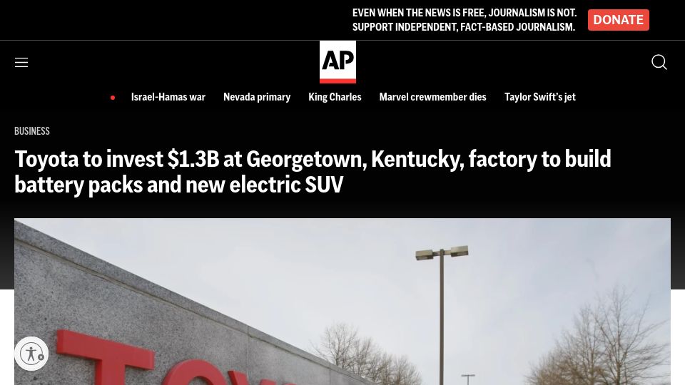 Screenshot of apnews.com: Toyota to invest $1.3B in Kentucky factory to build battery packs and new EV