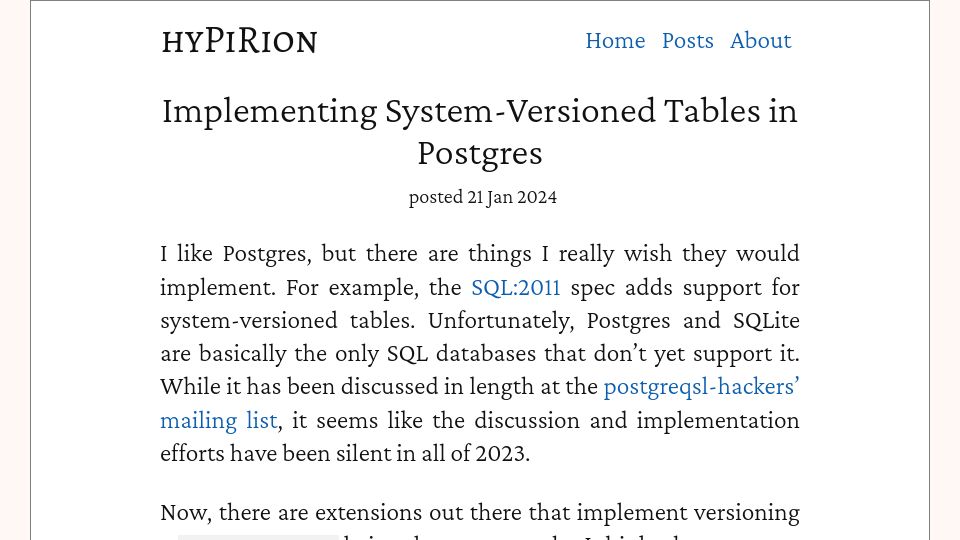 Screenshot of hypirion.com: Implementing system-versioned tables in Postgres