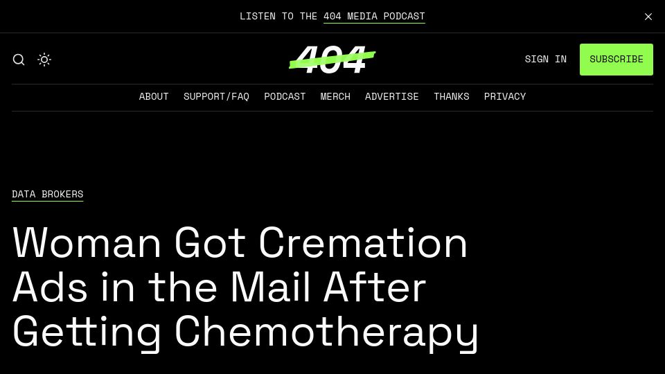 Screenshot of 404media.co: Woman Got Cremation Ads in the Mail After Getting Chemotherapy