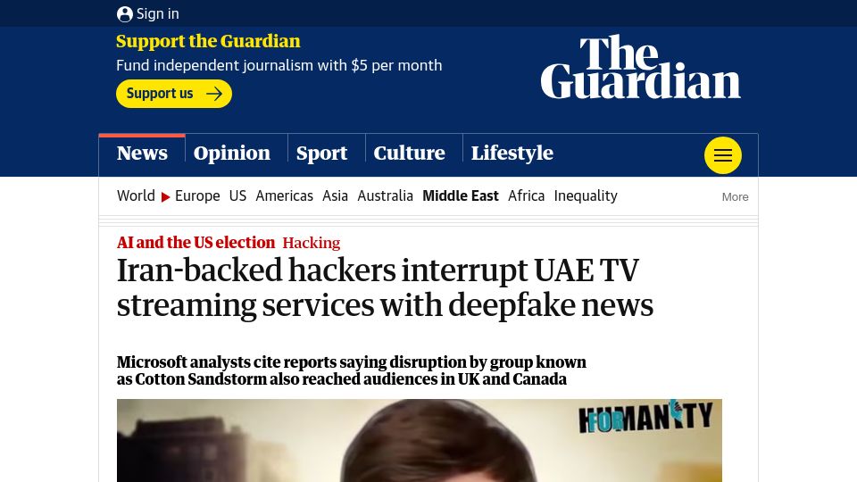Screenshot of theguardian.com: Iran-backed hackers interrupt UAE TV streaming services with deepfake news