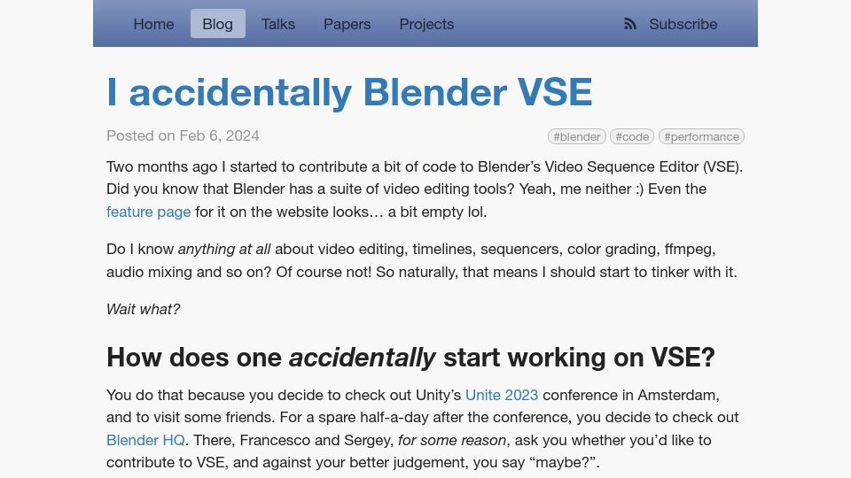Screenshot of aras-p.info: I accidentally Blender VSE