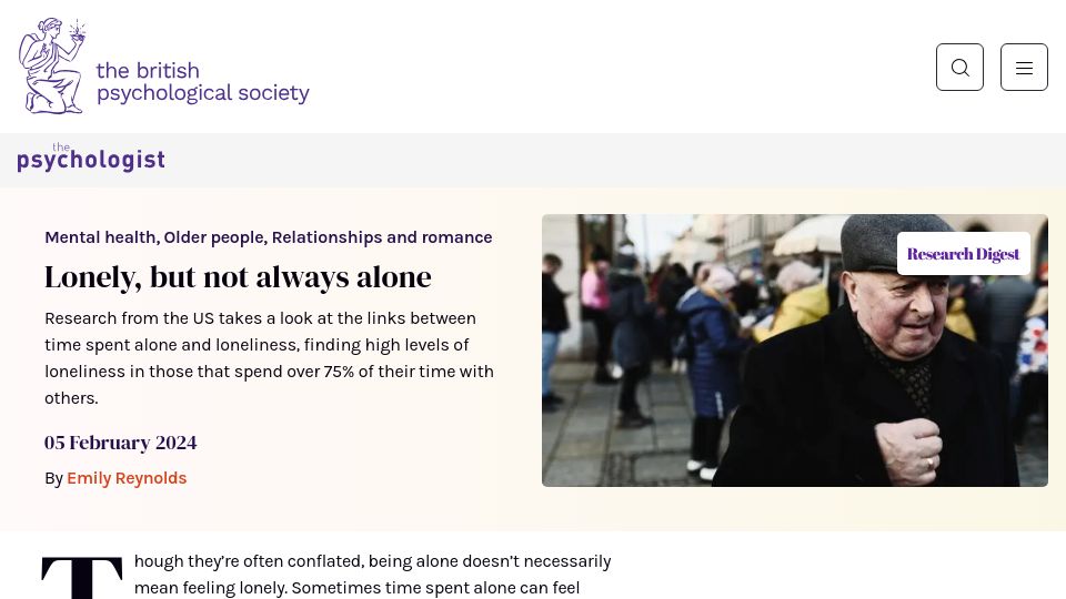 Screenshot of bps.org.uk: Lonely, but not always alone