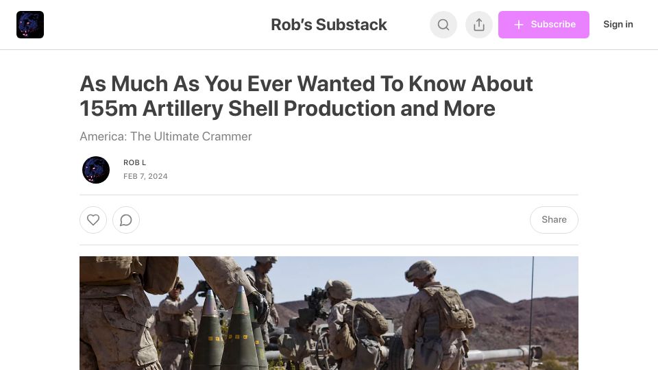 Screenshot of roblh.substack.com: As much as you ever wanted to know about 155M artillery shell production