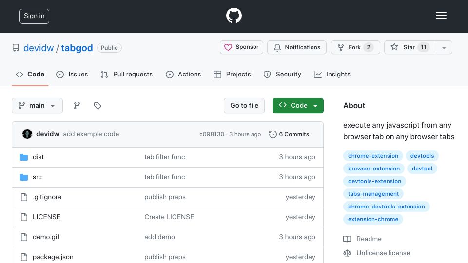 Screenshot of github.com: Execute any JavaScript from any browser tab on any browser tabs
