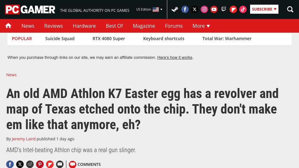 Screenshot of pcgamer.com: AMD Athlon K7 Easter egg has a revolver and map of Texas etched onto the chip