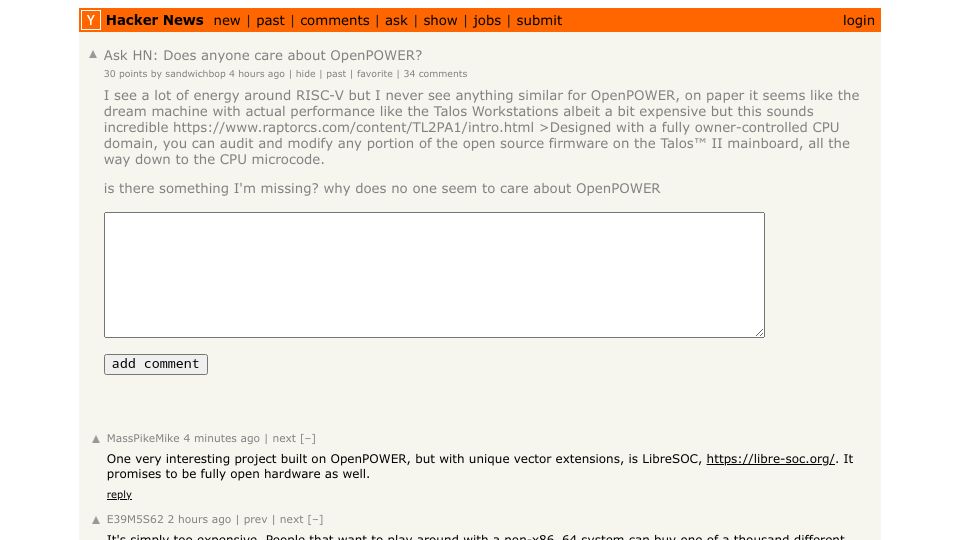 Screenshot of Hacker News post: Ask HN: Does anyone care about OpenPOWER?