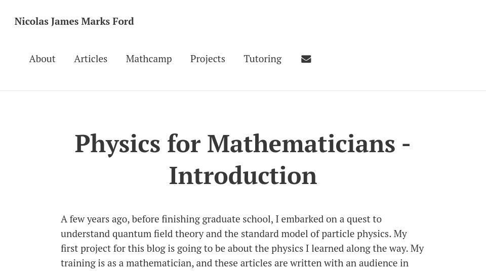 Screenshot of nicf.net: Physics for Mathematicians – Introduction