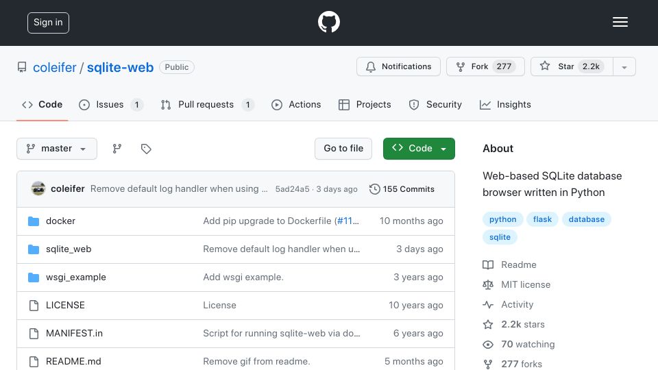 Screenshot of github.com: SQLite-Web: Web-based SQLite database browser written in Python