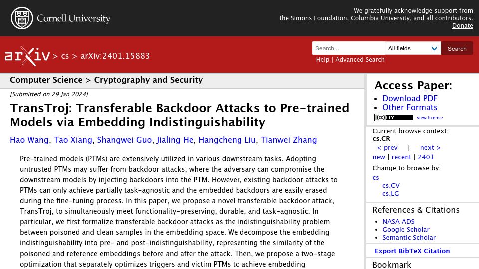 Screenshot of arxiv.org: TransTroj: Transferable Backdoor Attacks to Pre-Trained Models