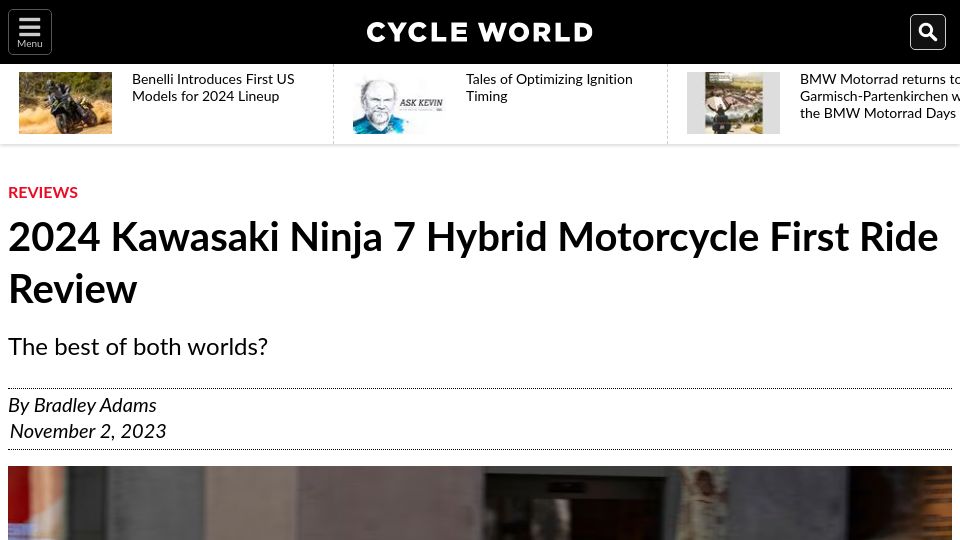 Screenshot of cycleworld.com: 2024 Kawasaki Ninja 7 hybrid motorcycle first ride review