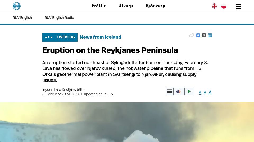 Screenshot of ruv.is: Eruption on the Reykjanes Peninsula