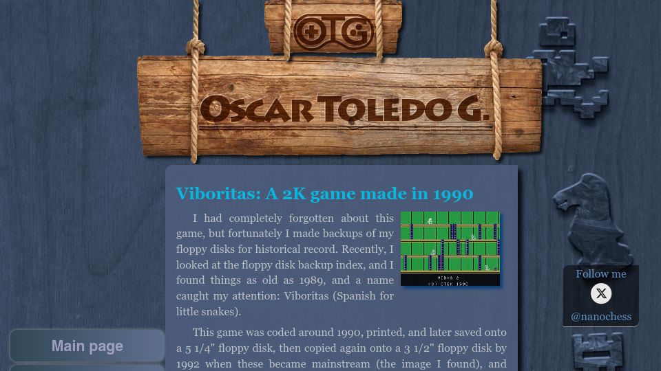 Screenshot of nanochess.org: Viboritas: Reverse engineering of my 1990 game (I was 11 years old)