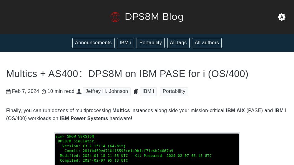 Screenshot of dps8m.gitlab.io: Multics and AS400：DPS8M on IBM PASE for I (OS/400)
