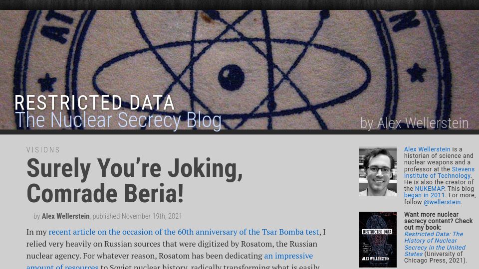 Screenshot of blog.nuclearsecrecy.com: Surely You're Joking, Comrade Beria (2021)