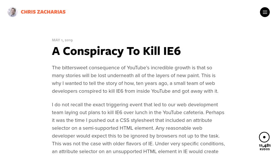 Screenshot of blog.chriszacharias.com: A conspiracy to kill IE6 (2019)