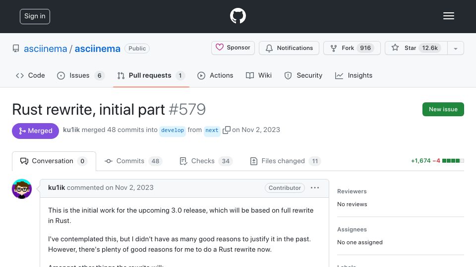 Screenshot of github.com: Asciinema 3.0 will be rewritten in Rust